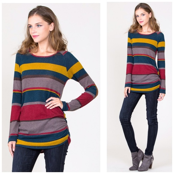 ❤️ LAST 1! Striped Ruche Side Elbow Patch Tunic! - Picture 5 of 7